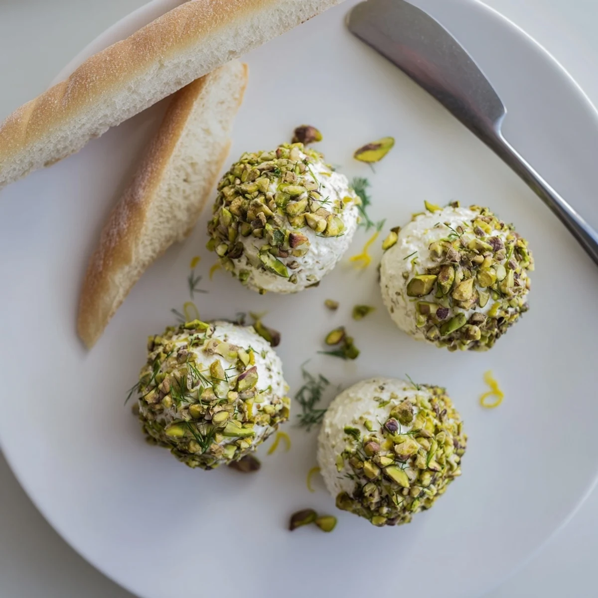 Chilled herb-speckled rounds—Savory Pistachio Crusted Cheese Bites served with crackers