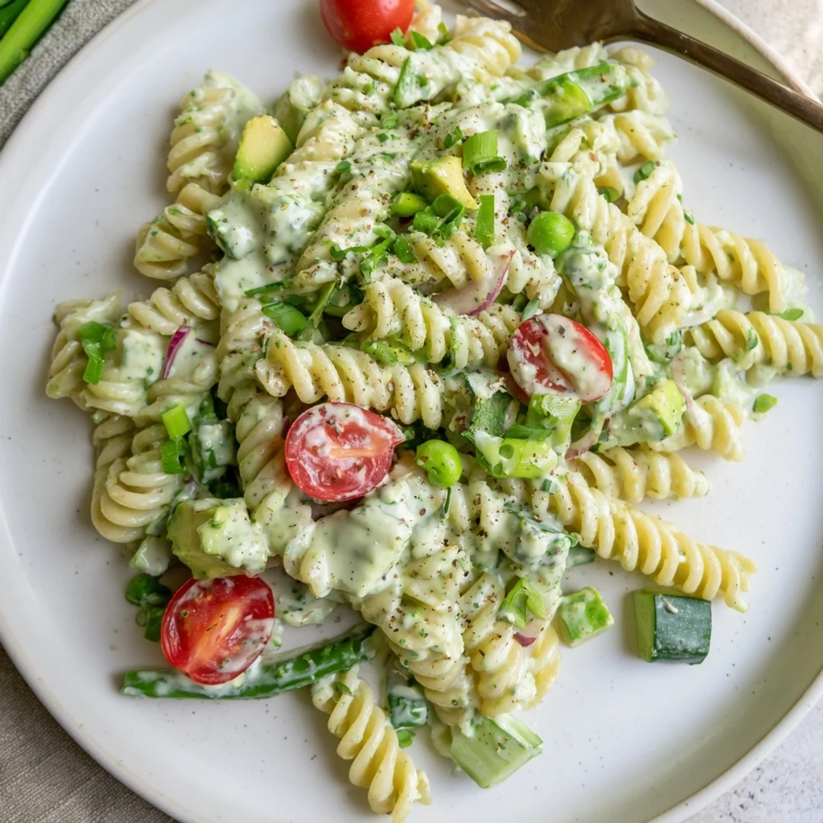Green Goddess Pasta Salad with creamy herb dressing, crisp tomatoes and avocado