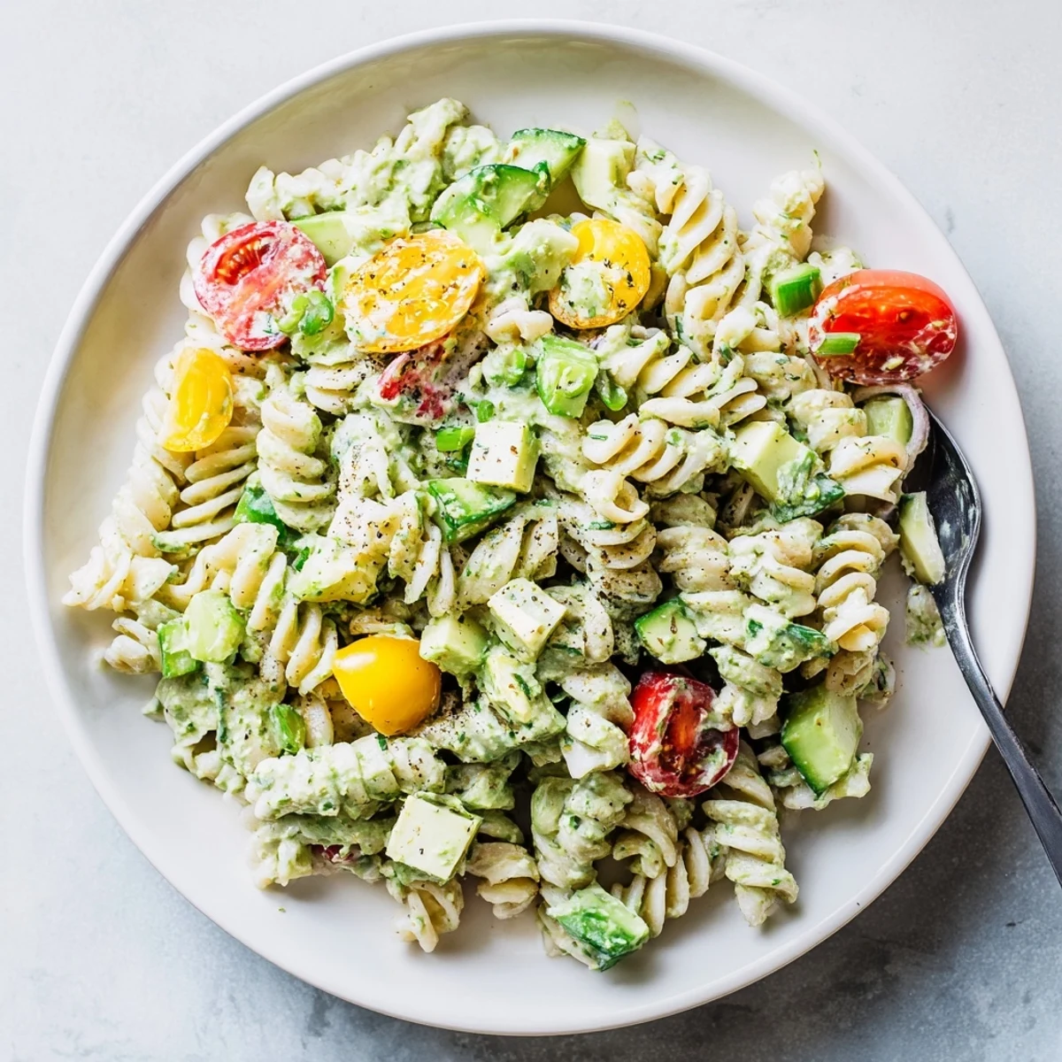 Green Goddess Pasta Salad plated for picnic: vibrant greens, tangy yogurt dressing