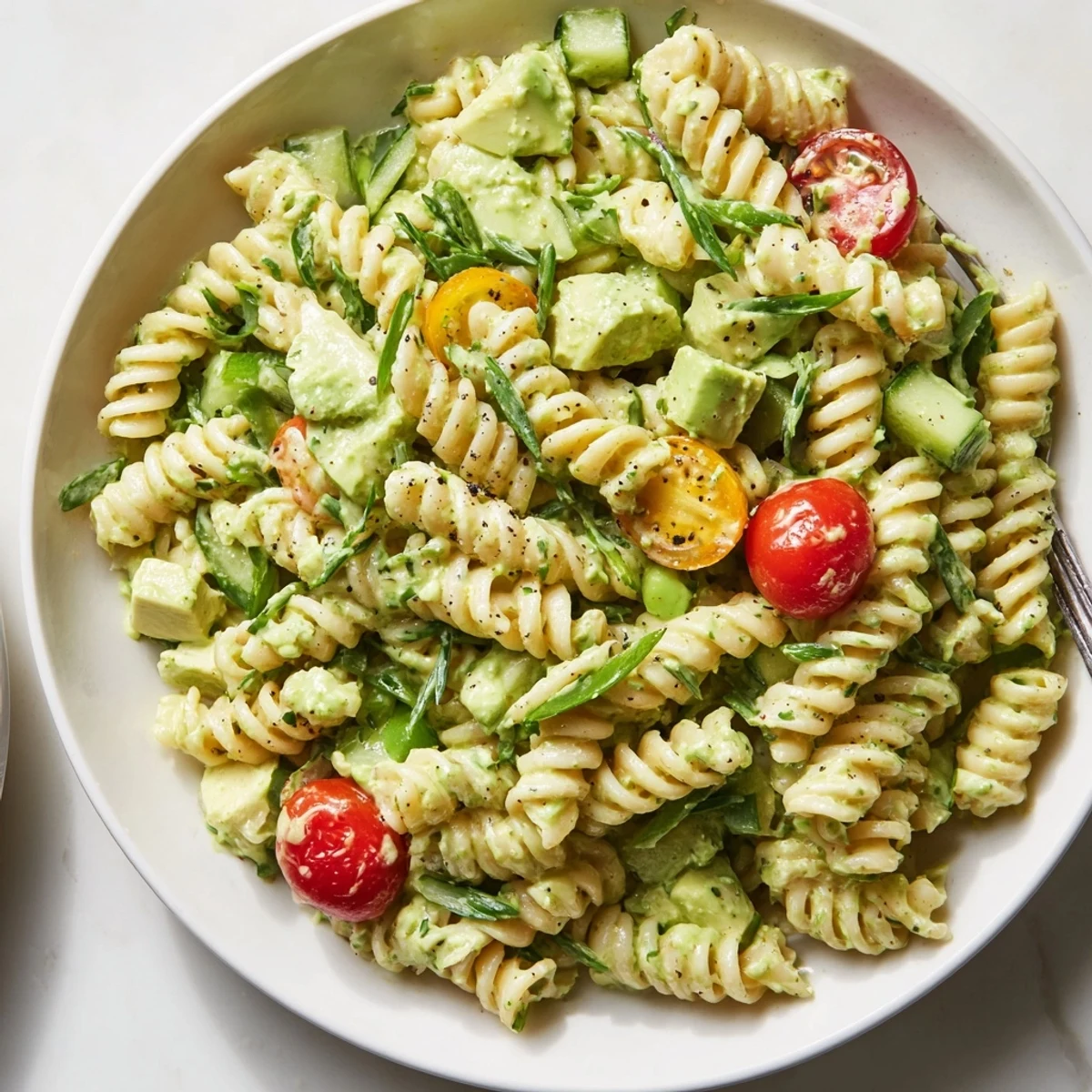 Chilled Green Goddess Pasta Salad tossed with fresh basil, snap peas, lemon