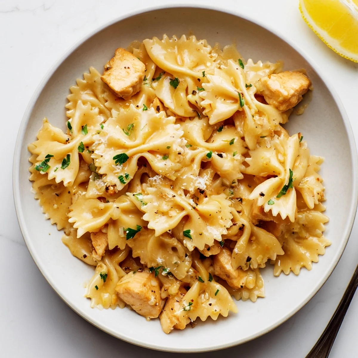 Weeknight Cowboy Butter Lemon Bowtie Chicken steaming in skillet, bright herb aroma