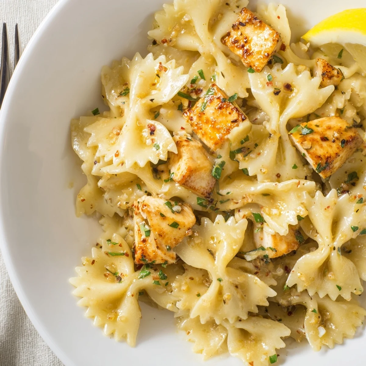 Creamy Cowboy Butter Lemon Bowtie Chicken tossed with parsley and Parmesan  