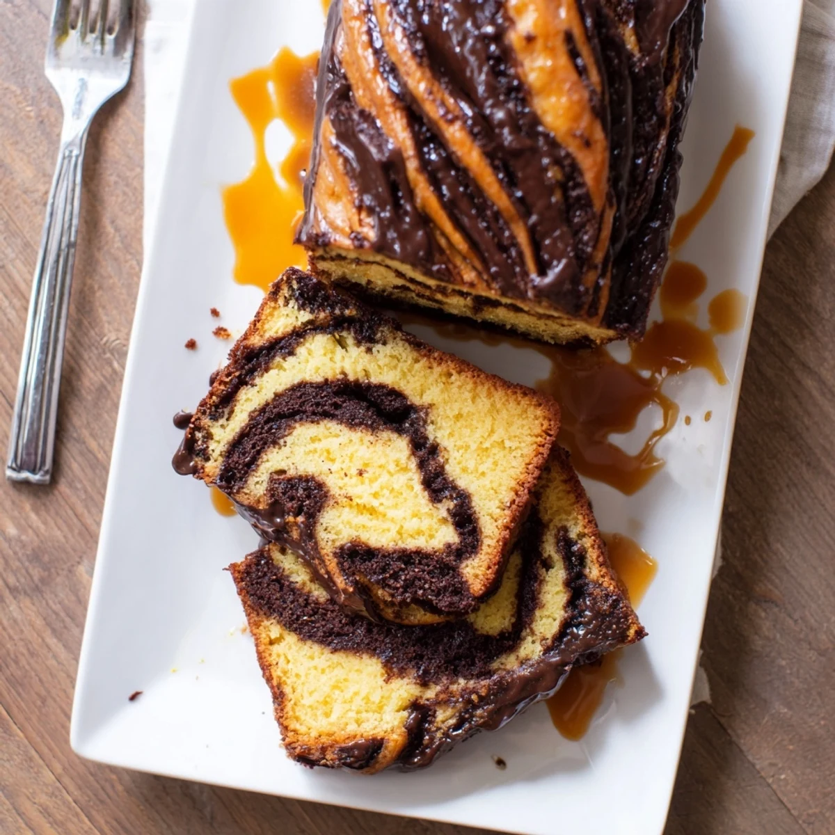 Freshly baked orange glazed chocolate babka with glossy citrus topping and swirling dark chocolate layers