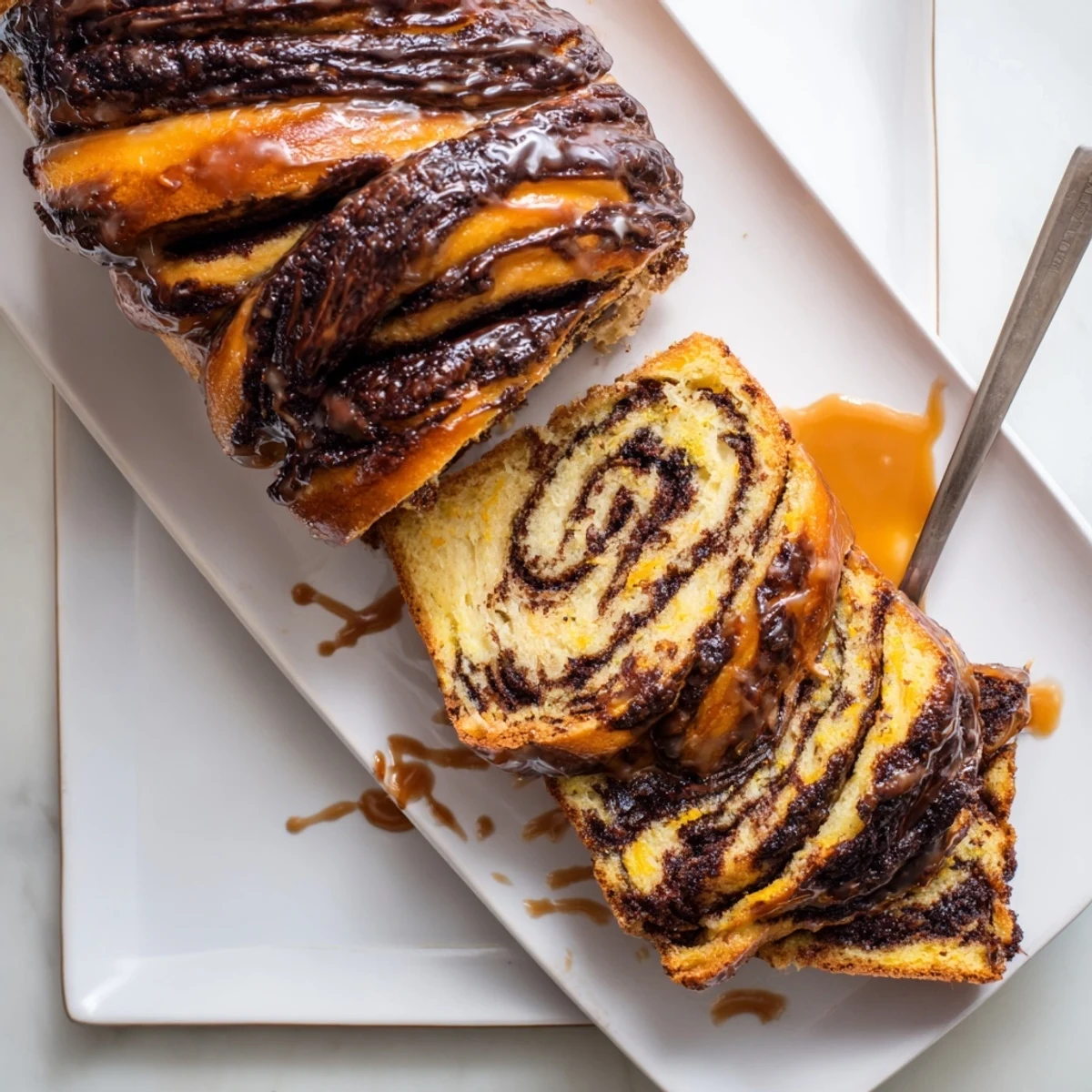 Golden brioche-style loaf drizzled with sweet orange glaze revealing rich chocolate marble inside