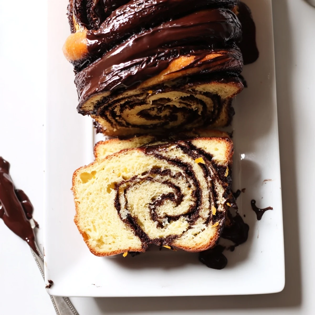 Sliced orange glazed chocolate babka showcasing tender crumb and glossy citrus finish on serving plate