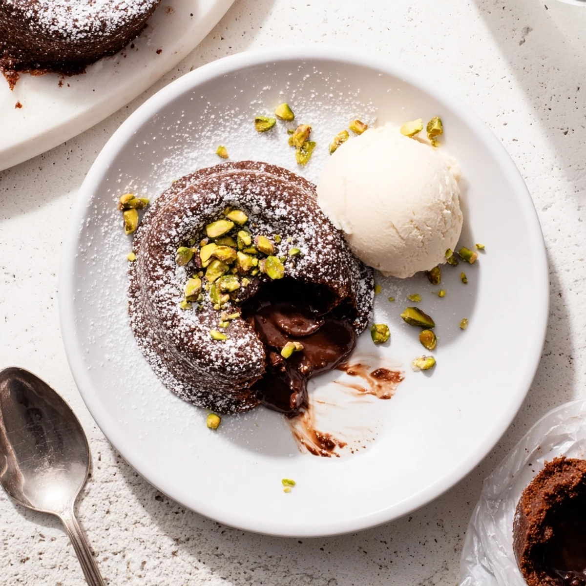 Golden pistachio chocolate lava cakes with molten centers drizzled over vanilla ice cream