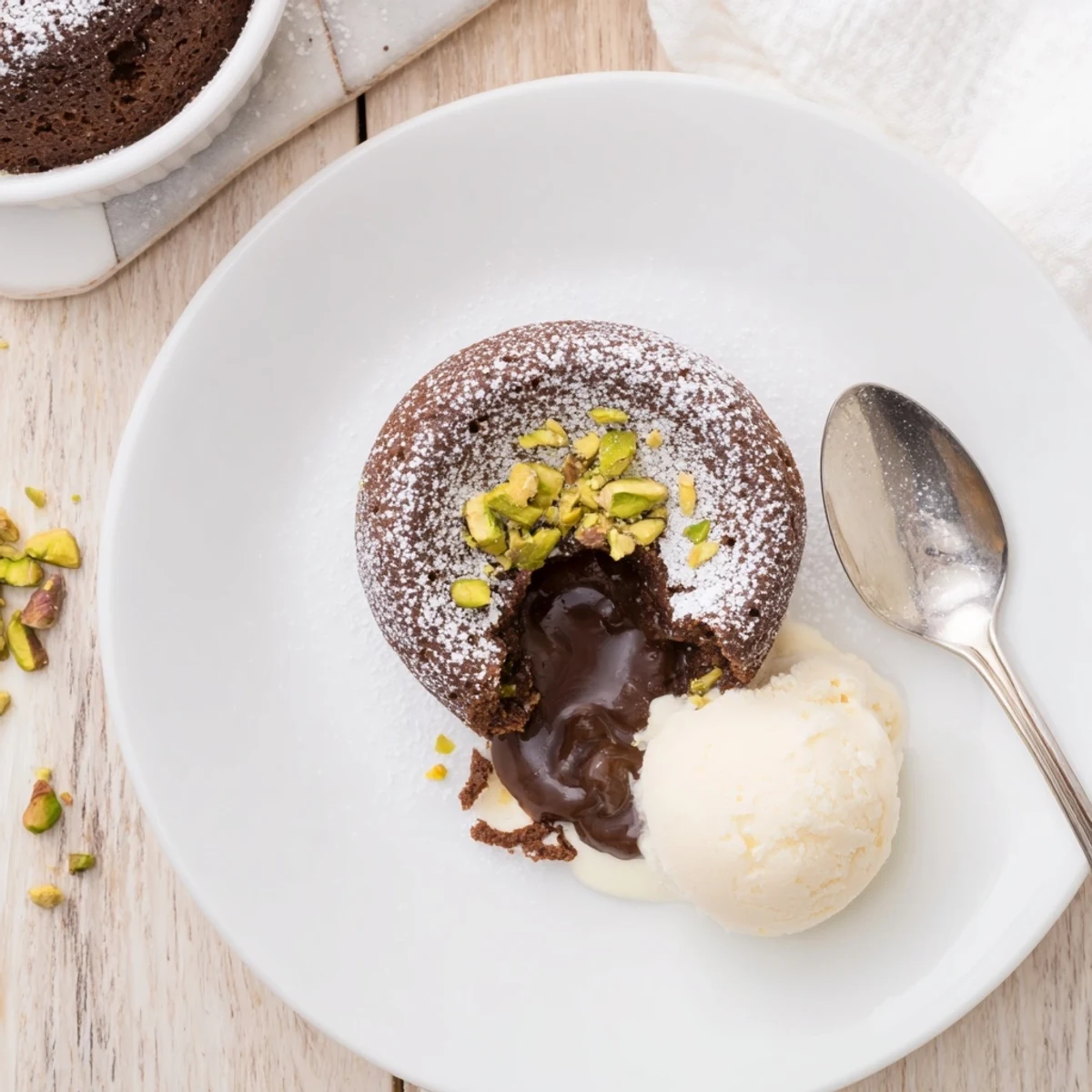 Rich individual pistachio chocolate lava cakes featuring gooey molten centers topped with chopped pistachios