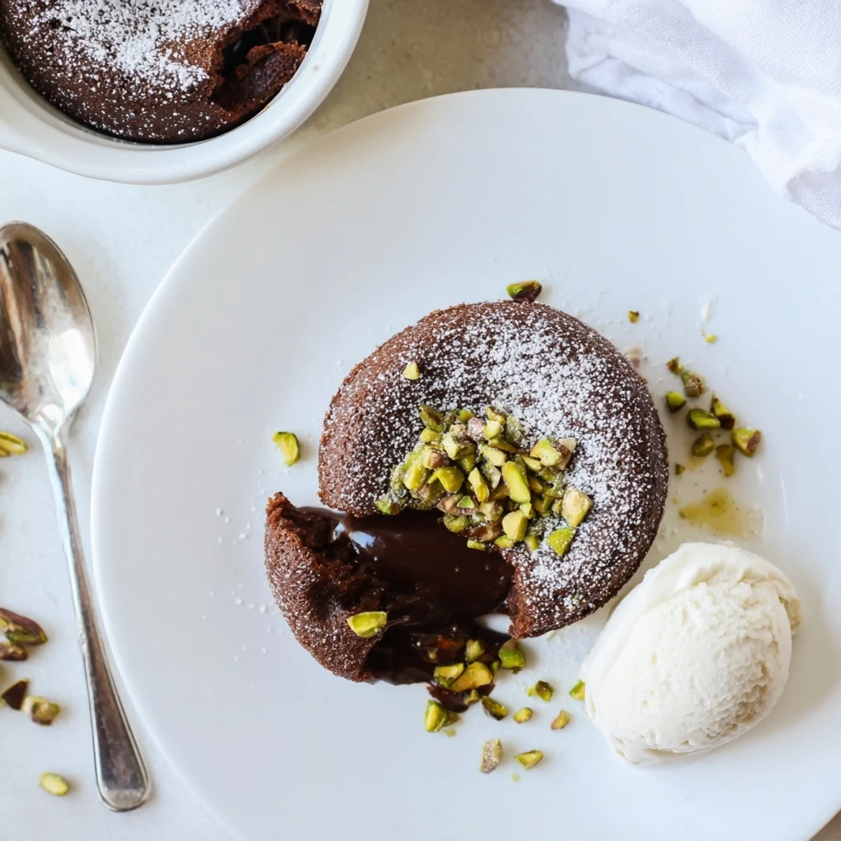 Warm pistachio chocolate lava cakes fresh from the oven with dusted powdered sugar garnish