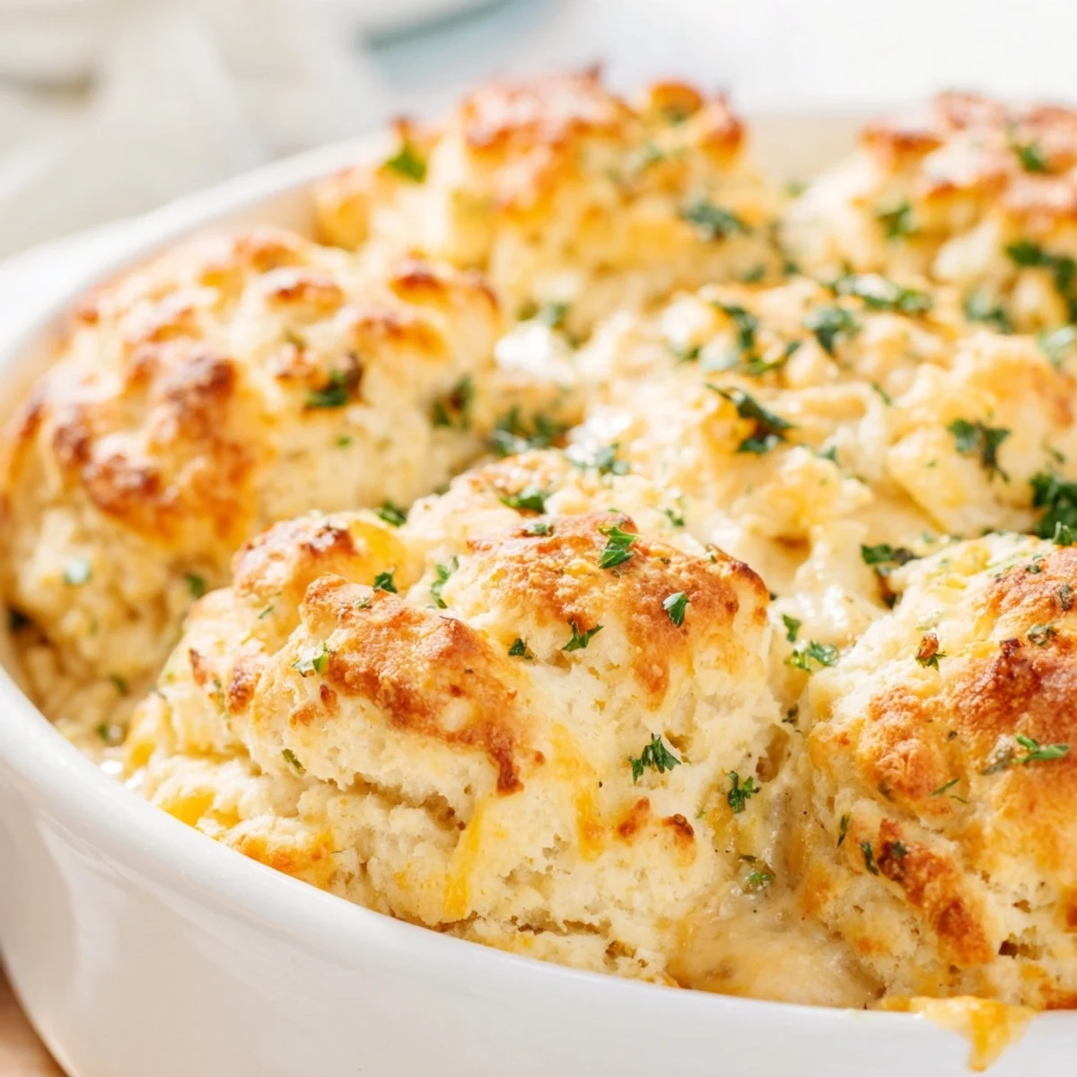 Golden Cheddar Bay chicken cobbler topped with fluffy cheesy biscuits and fresh parsley garnish