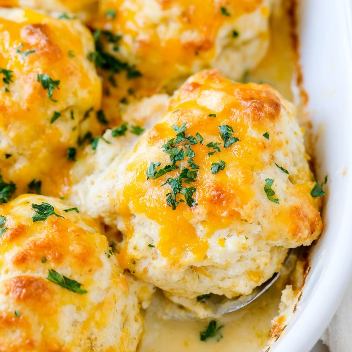 Bubbling chicken and vegetable casserole beneath a layer of golden cheddar garlic biscuit topping