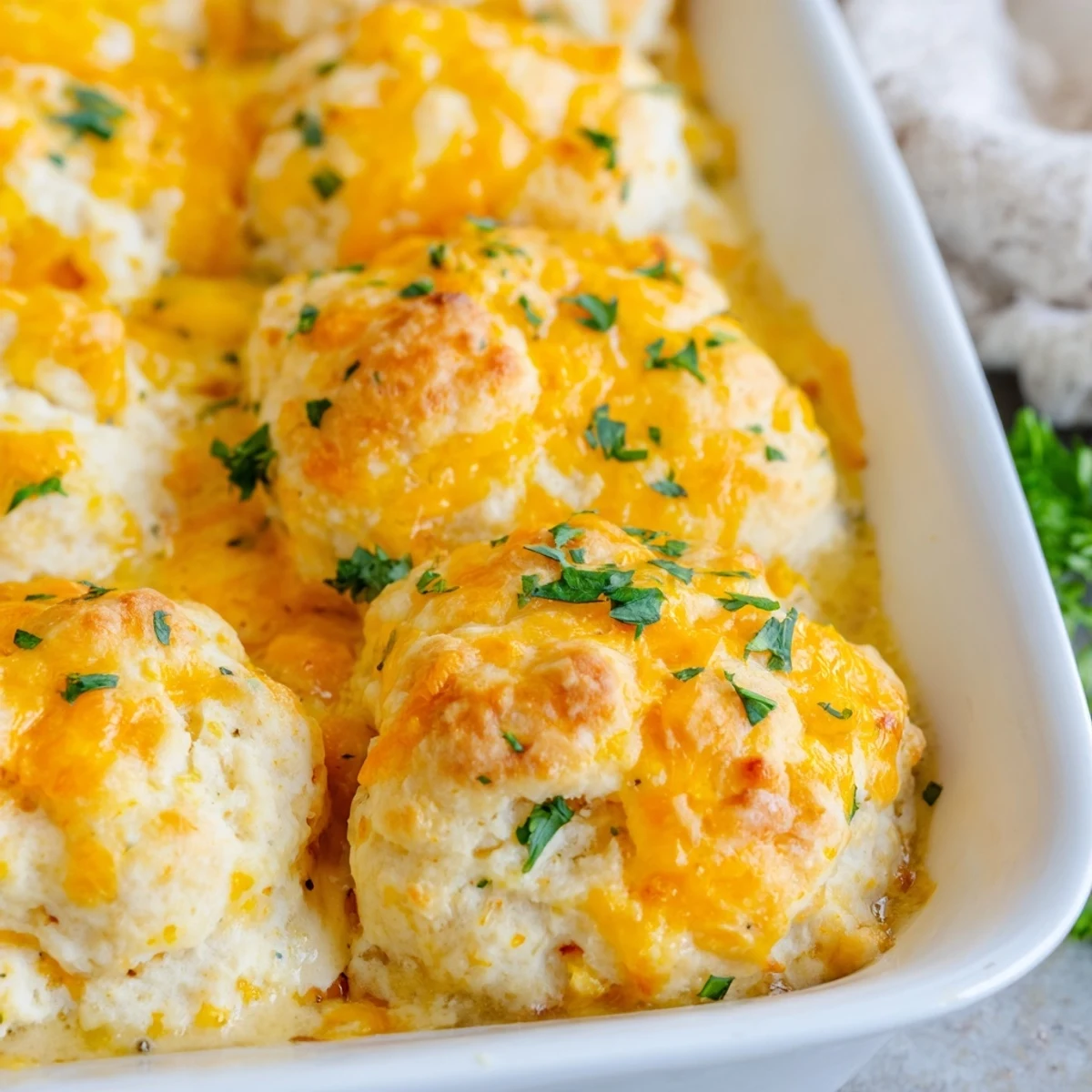 Savory Cheddar Bay chicken cobbler baked to perfection with melty cheese and tender vegetables
