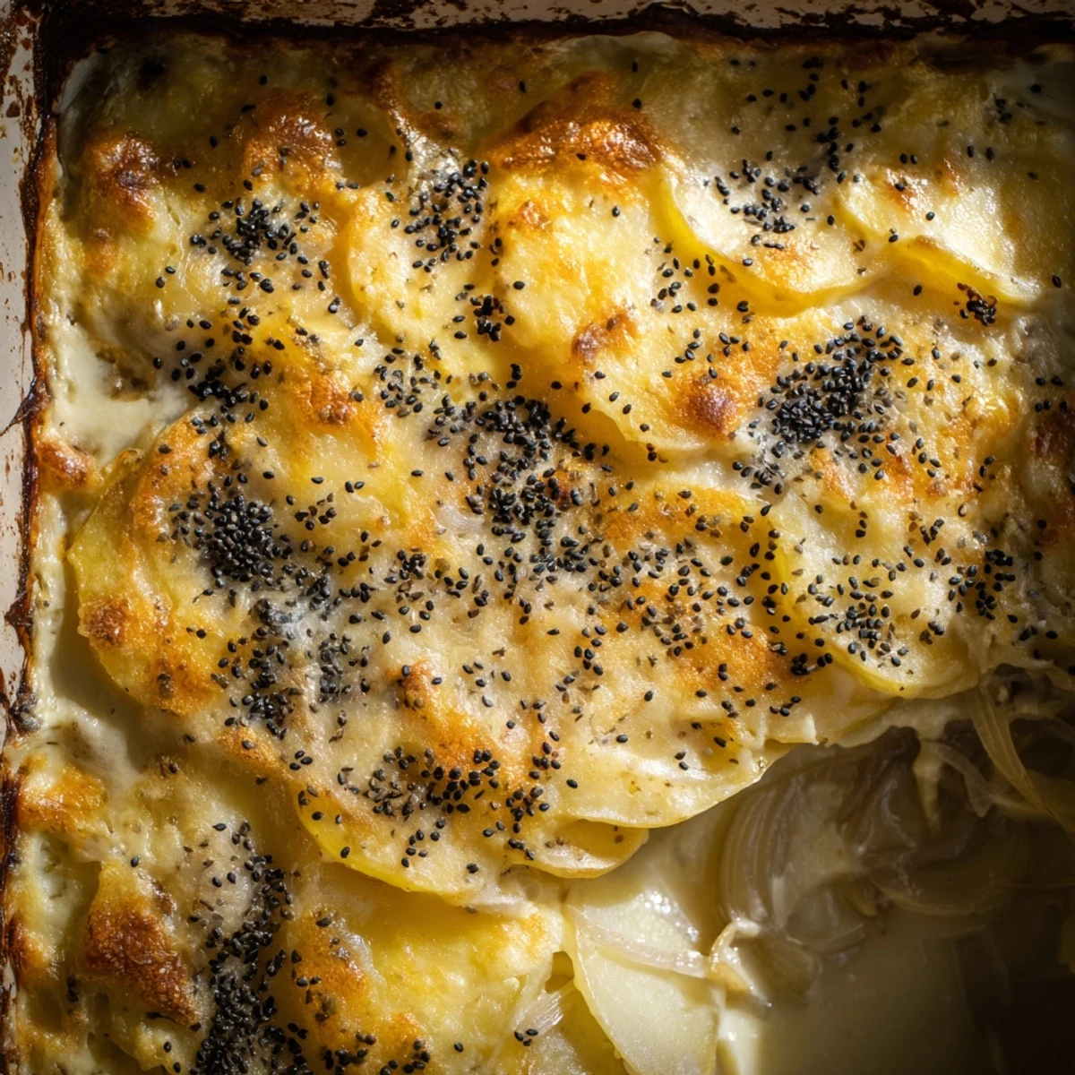 Golden Nigella potato gratin bubbling with melted Gruyère and aromatic nigella seeds