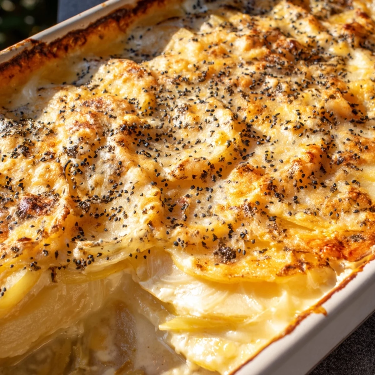 Creamy potato layers baked with garlic, nutmeg, and crunchy nigella seed topping