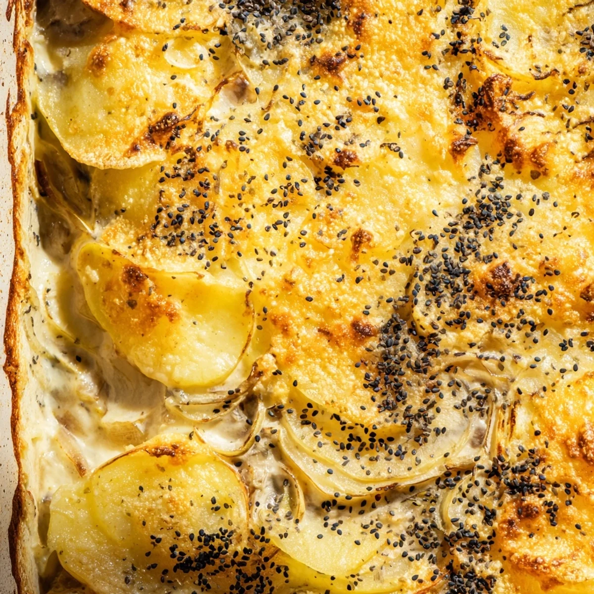 Luxurious Nigella potato gratin fresh from oven with golden cheese crust