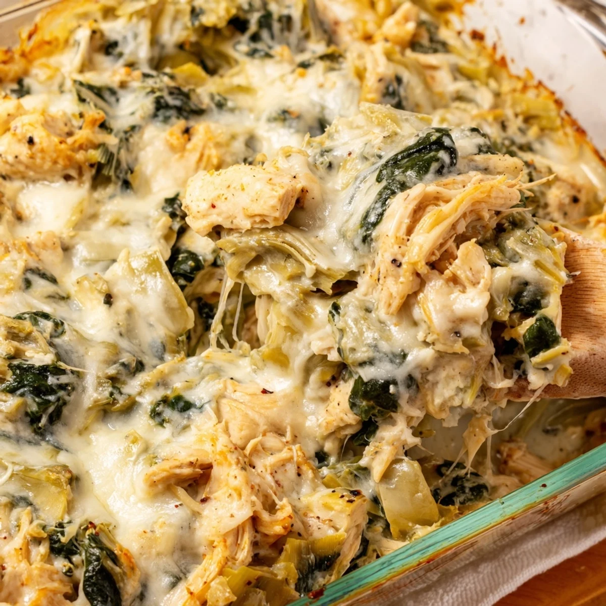 Creamy spinach artichoke chicken casserole topped with melted mozzarella and served family style