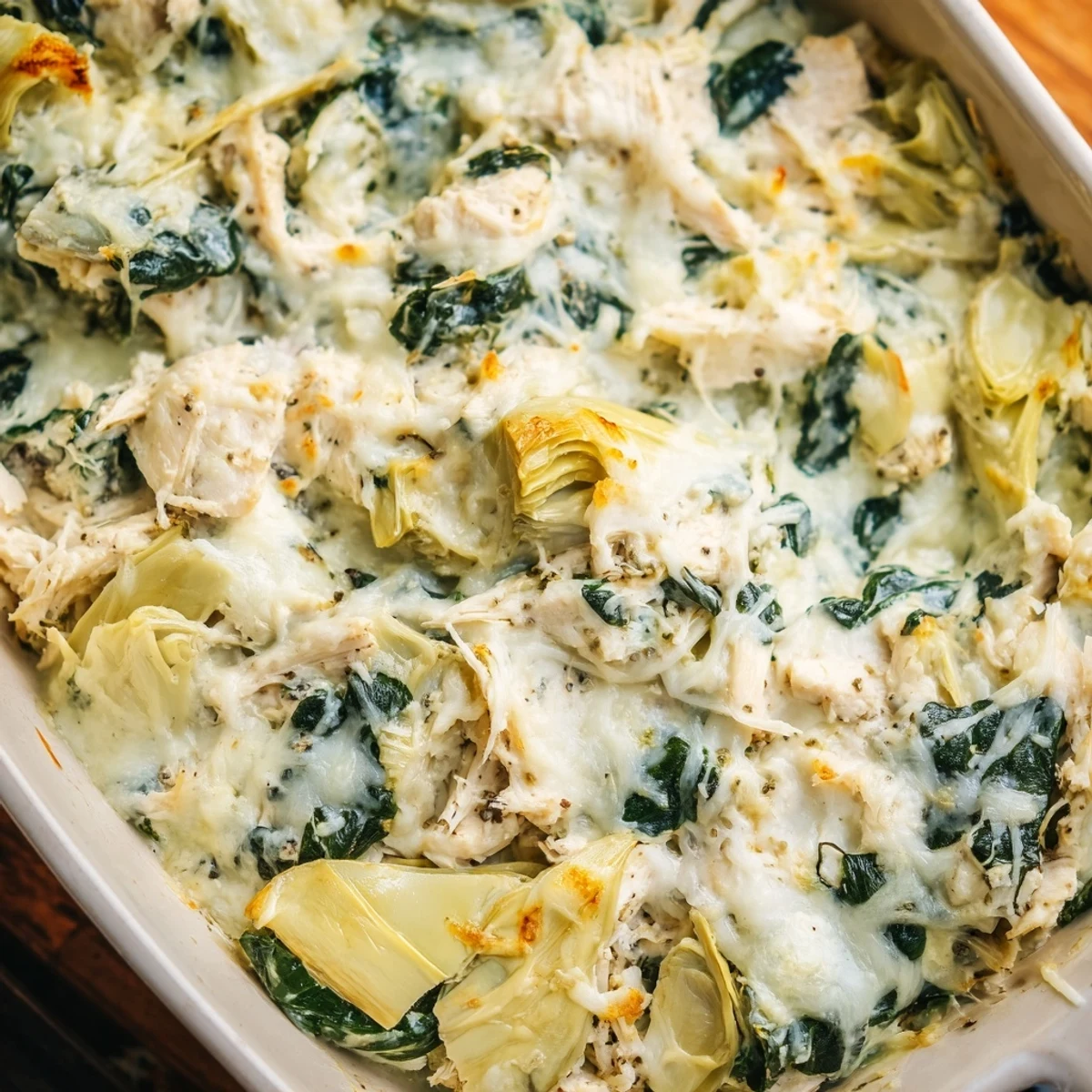 Golden bubbly Spinach Artichoke Chicken Casserole fresh from the oven with melted cheese