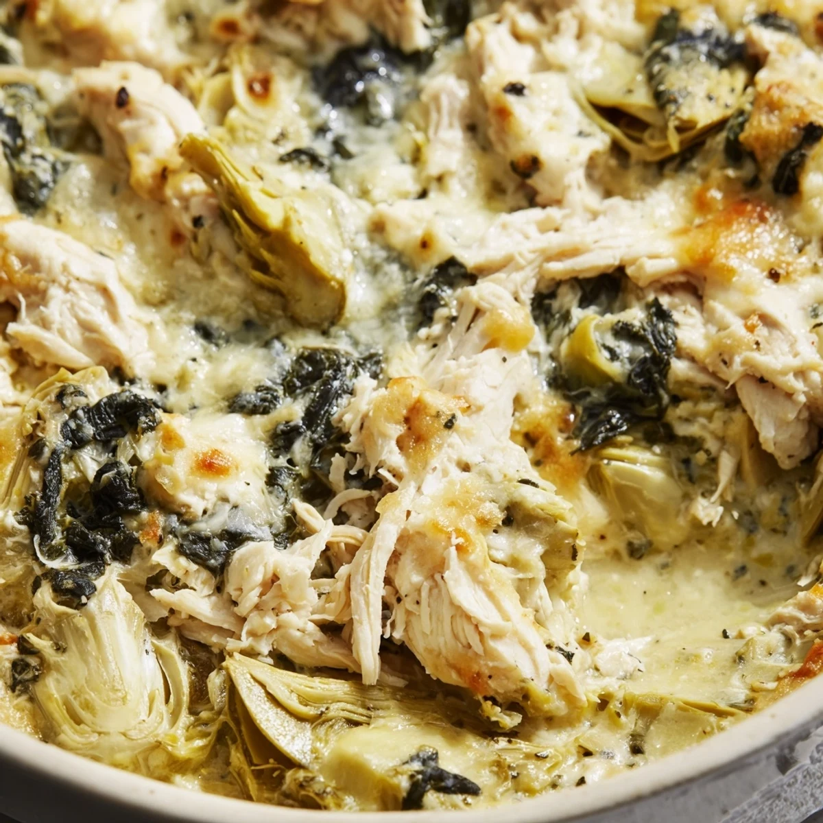 Baked chicken casserole with spinach artichokes in a rich cheesy sauce garnished with basil