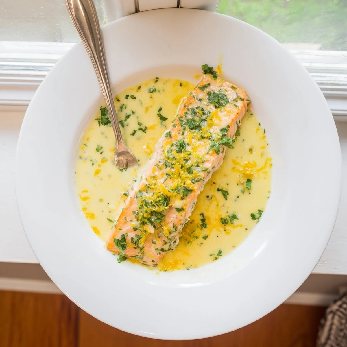 Golden pan-seared salmon fillet drizzled with rich velvety lemon cream sauce and fresh parsley