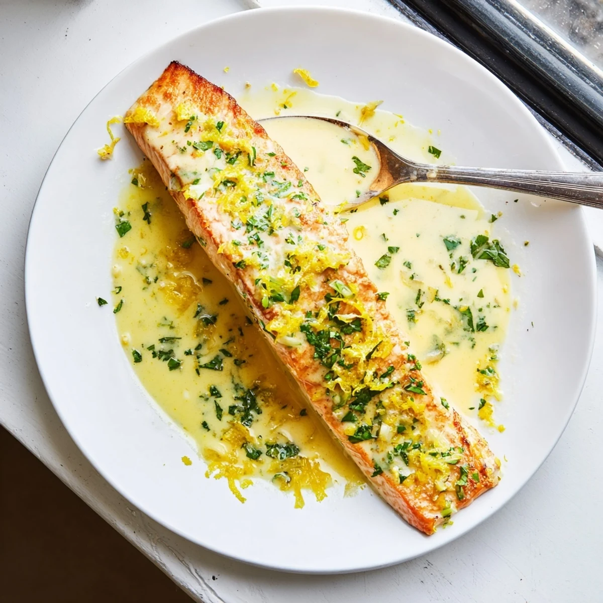 Succulent salmon with lemon cream sauce served on white plate with zesty garlic butter dripping