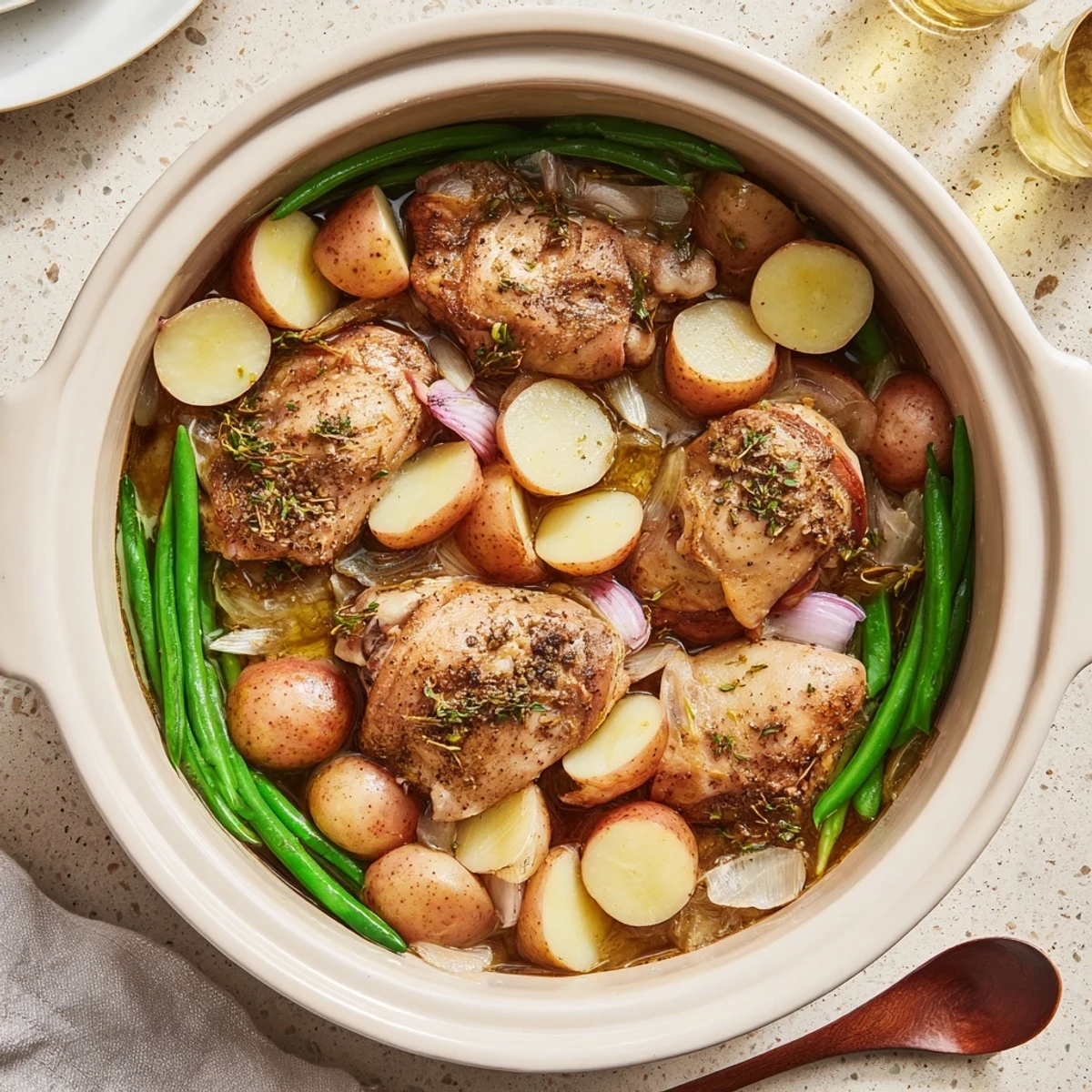 Slow cooker chicken and potatoes with green beans in a rustic white serving bowl
