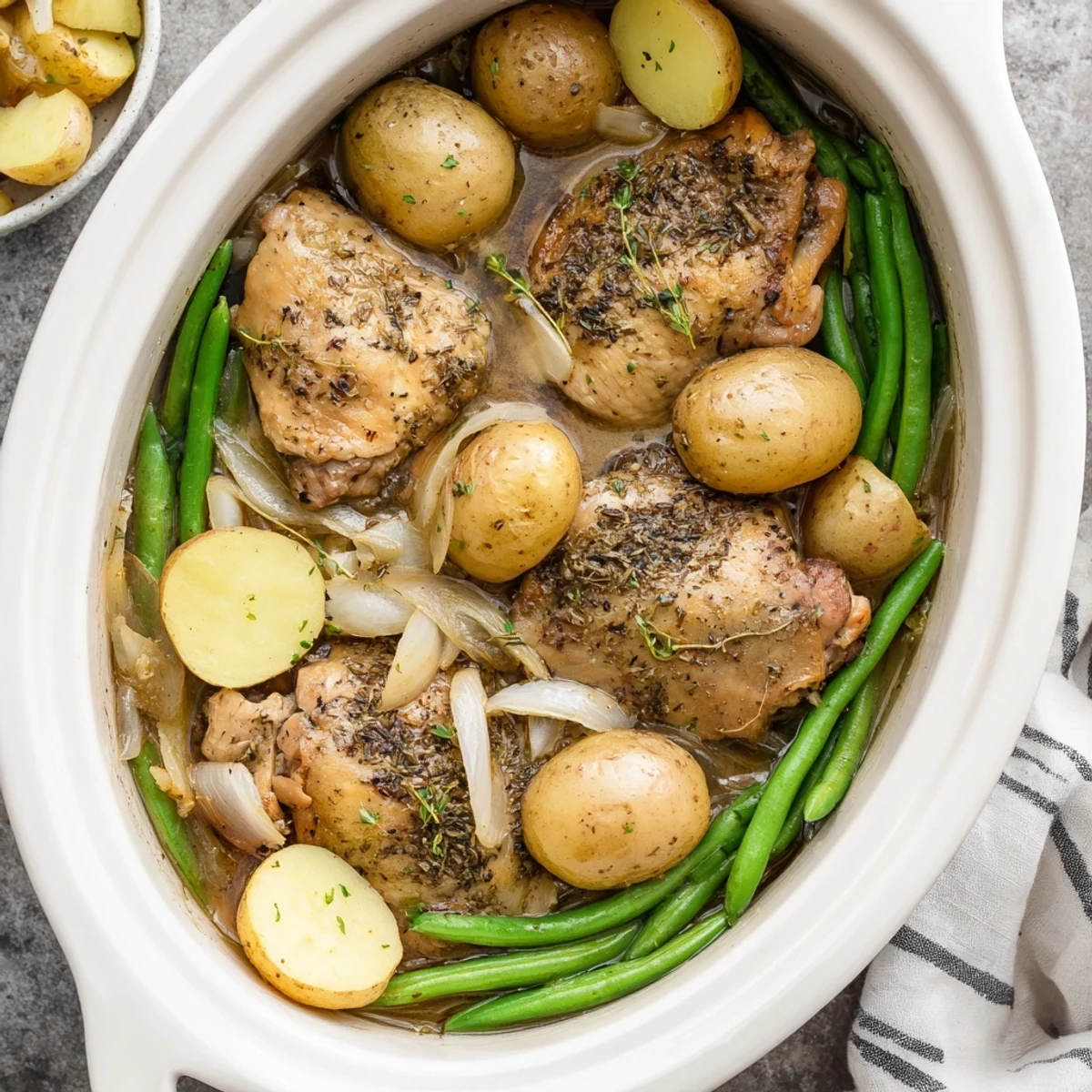 Tender slow cooker chicken and potatoes with crisp green beans drizzled with savory juices
