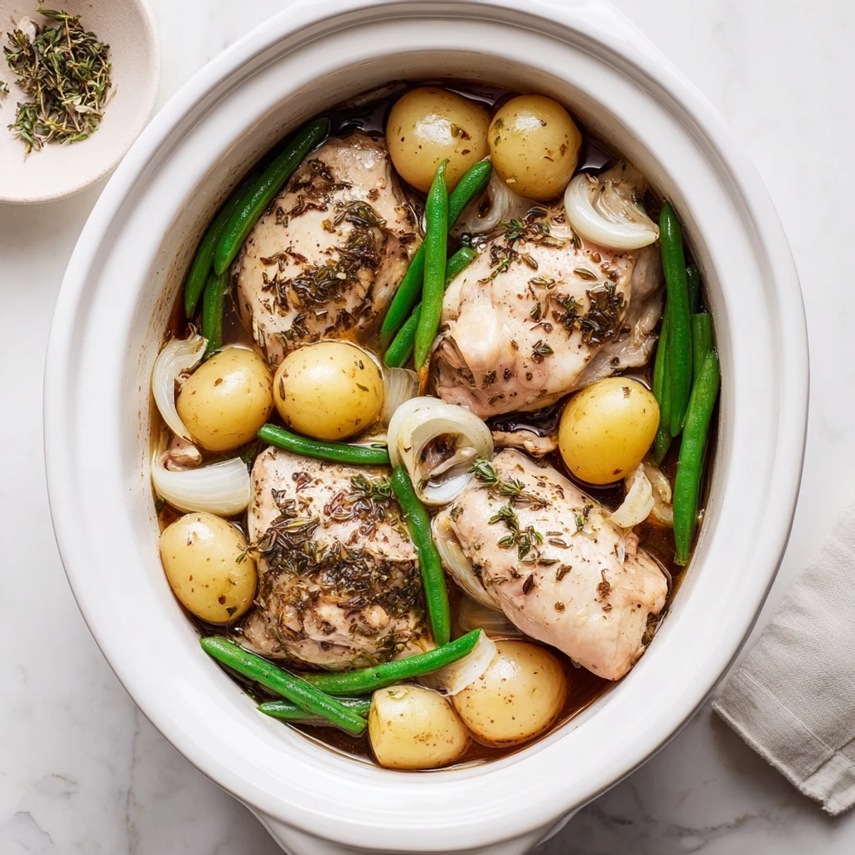 Golden brown slow cooker chicken and potatoes with green beans garnished with fresh herbs