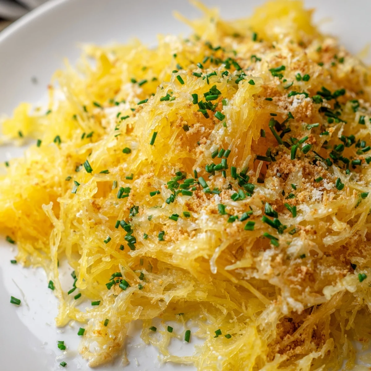 Golden baked spaghetti squash mac and cheese topped with crispy breadcrumbs and melted cheddar