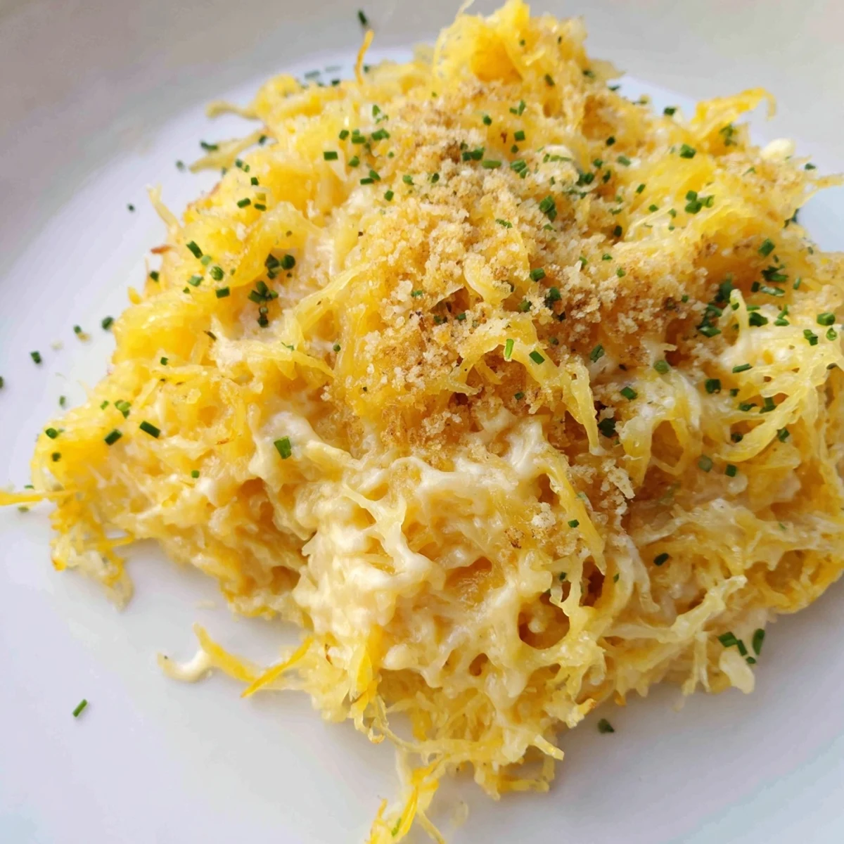 Bubbling spaghetti squash mac and cheese casserole with golden parmesan breadcrumb topping and fresh chives