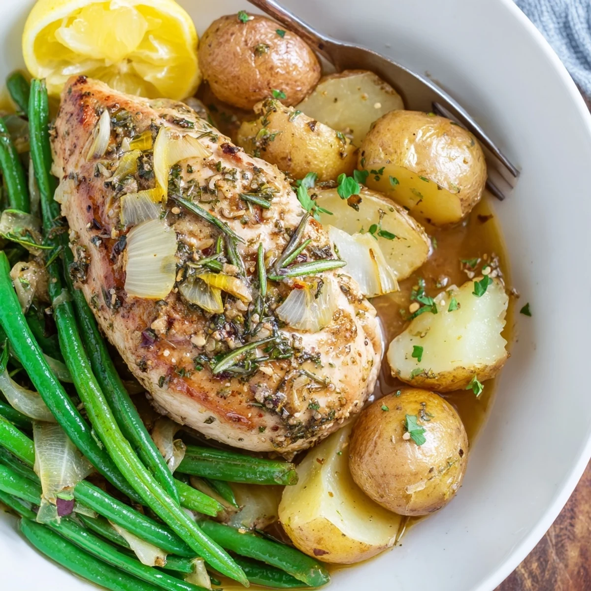 Slow Cooker Chicken And Potatoes With Green Beans steaming, herb scented, served with lemon