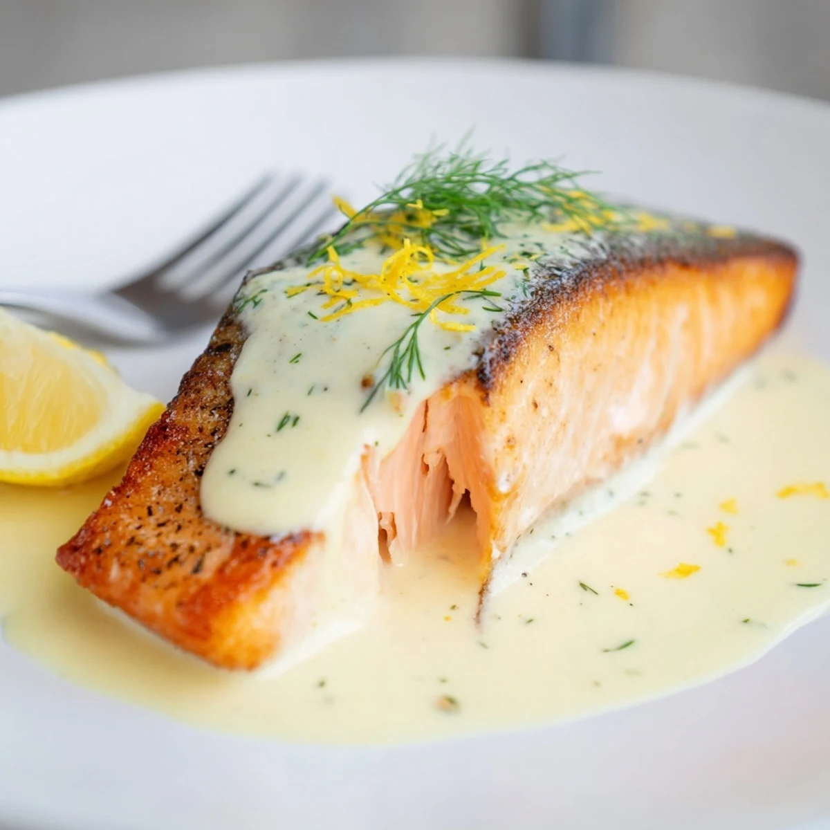 Pan-seared Salmon With Lemon Cream Sauce, glossy sauce spooned over flaky fillets