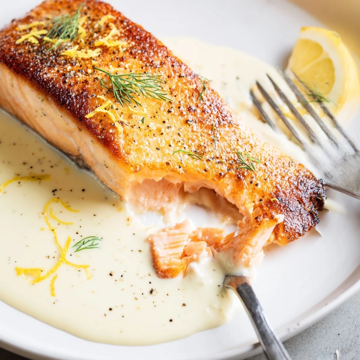 Tender Salmon With Lemon Cream Sauce resting on roasted potatoes and dill garnish