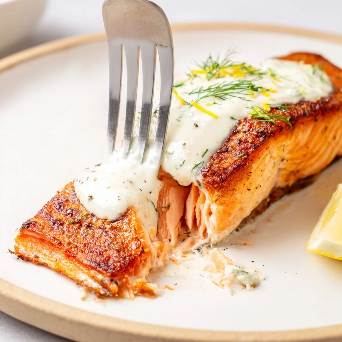 Weeknight Salmon With Lemon Cream Sauce plated with steamed vegetables and lemon wedge