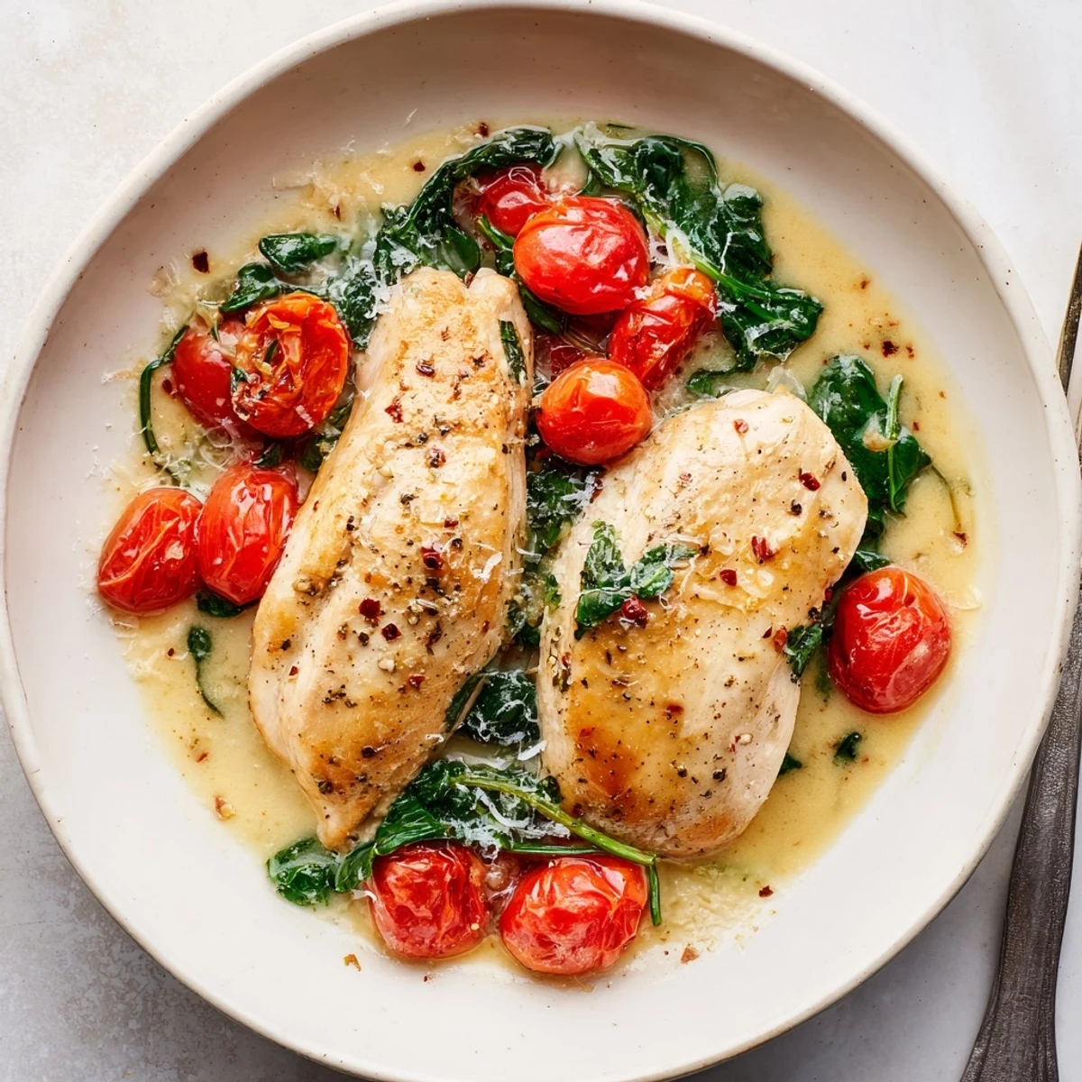 Tomato Spinach White Wine Chicken simmering in skillet, juicy tomatoes and wilted spinach