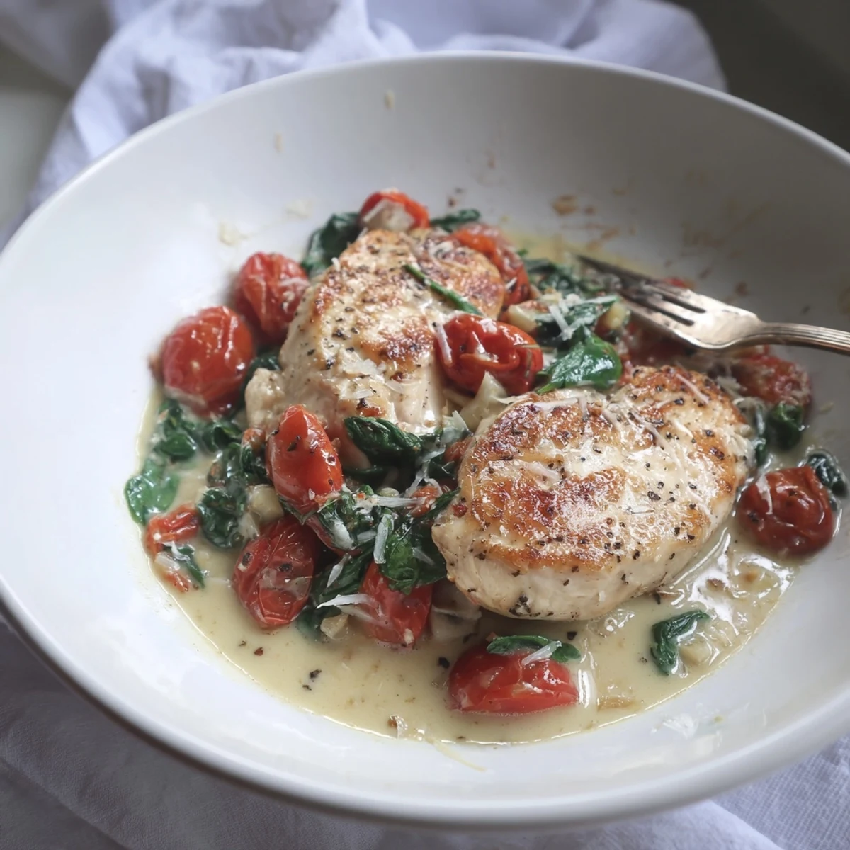 Crisp-seared Tomato Spinach White Wine Chicken served over pasta with garlic bread