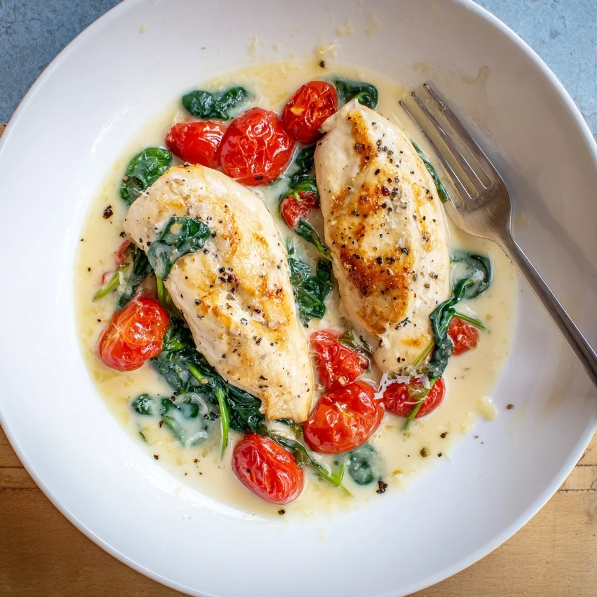 Herb-scented Tomato Spinach White Wine Chicken in glossy wine sauce, parmesan garnish