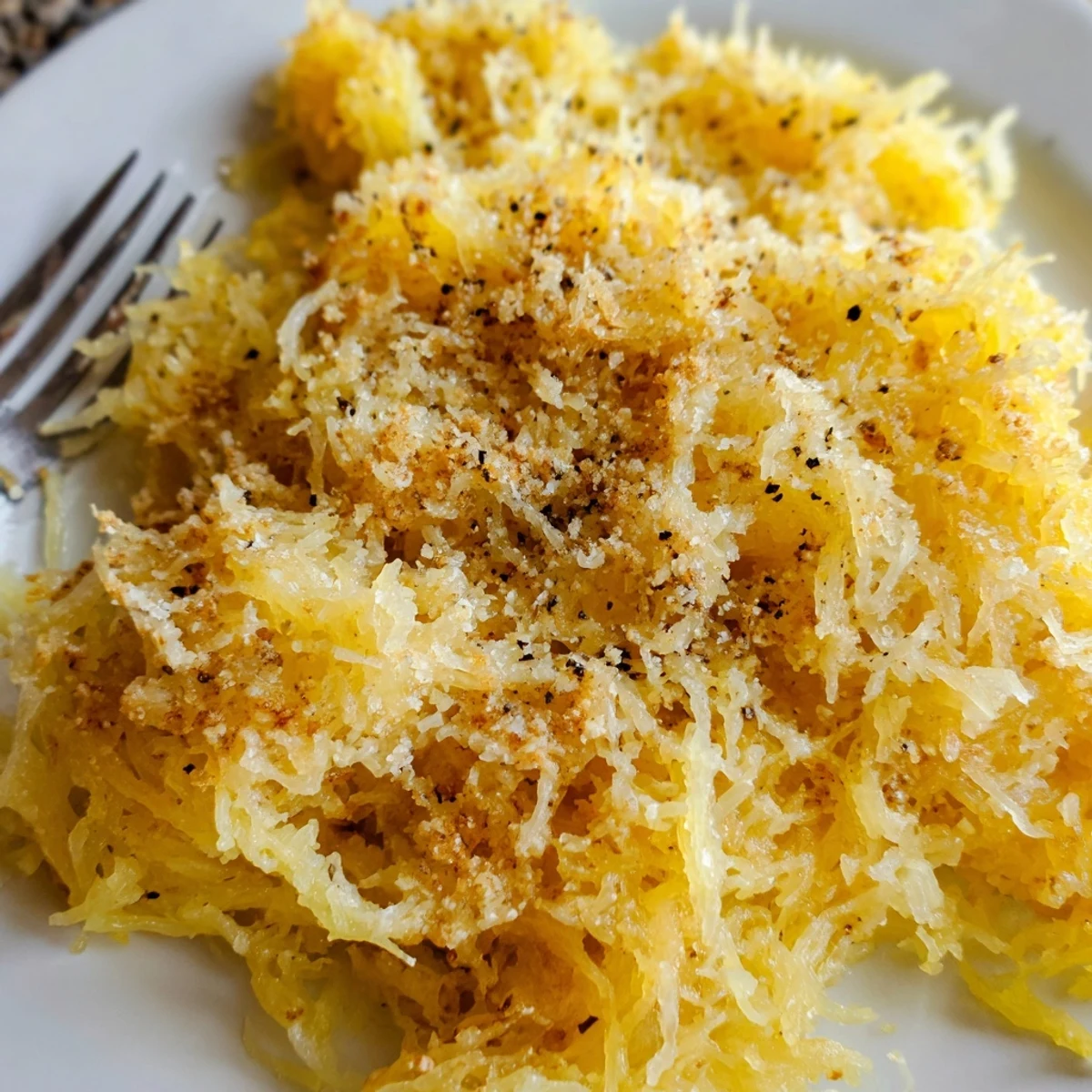 Creamy Spaghetti Squash Mac Cheese in a baking dish, golden breadcrumb topping