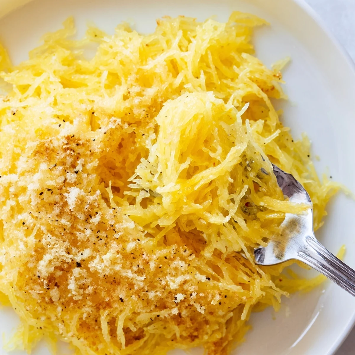 Roasted Spaghetti Squash Mac Cheese strands coated in velvety cheese sauce
