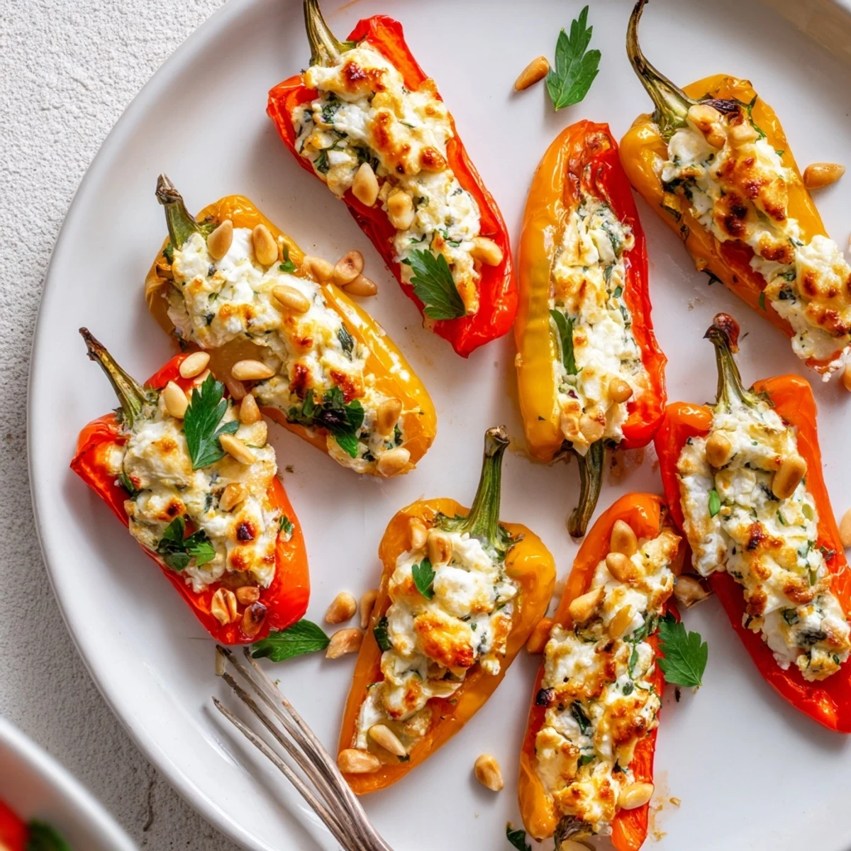 Creamy goat cheese stuffed mini peppers roasted until tender and topped with toasted pine nuts
