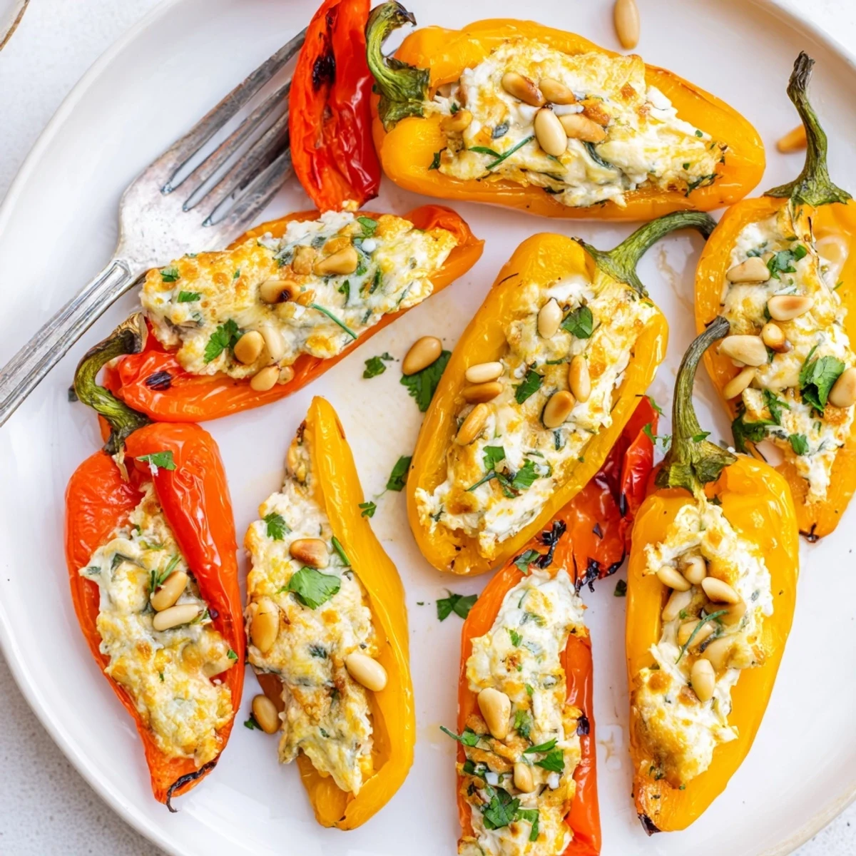 Golden roasted goat cheese stuffed mini peppers garnished with fresh herbs on a rustic baking sheet