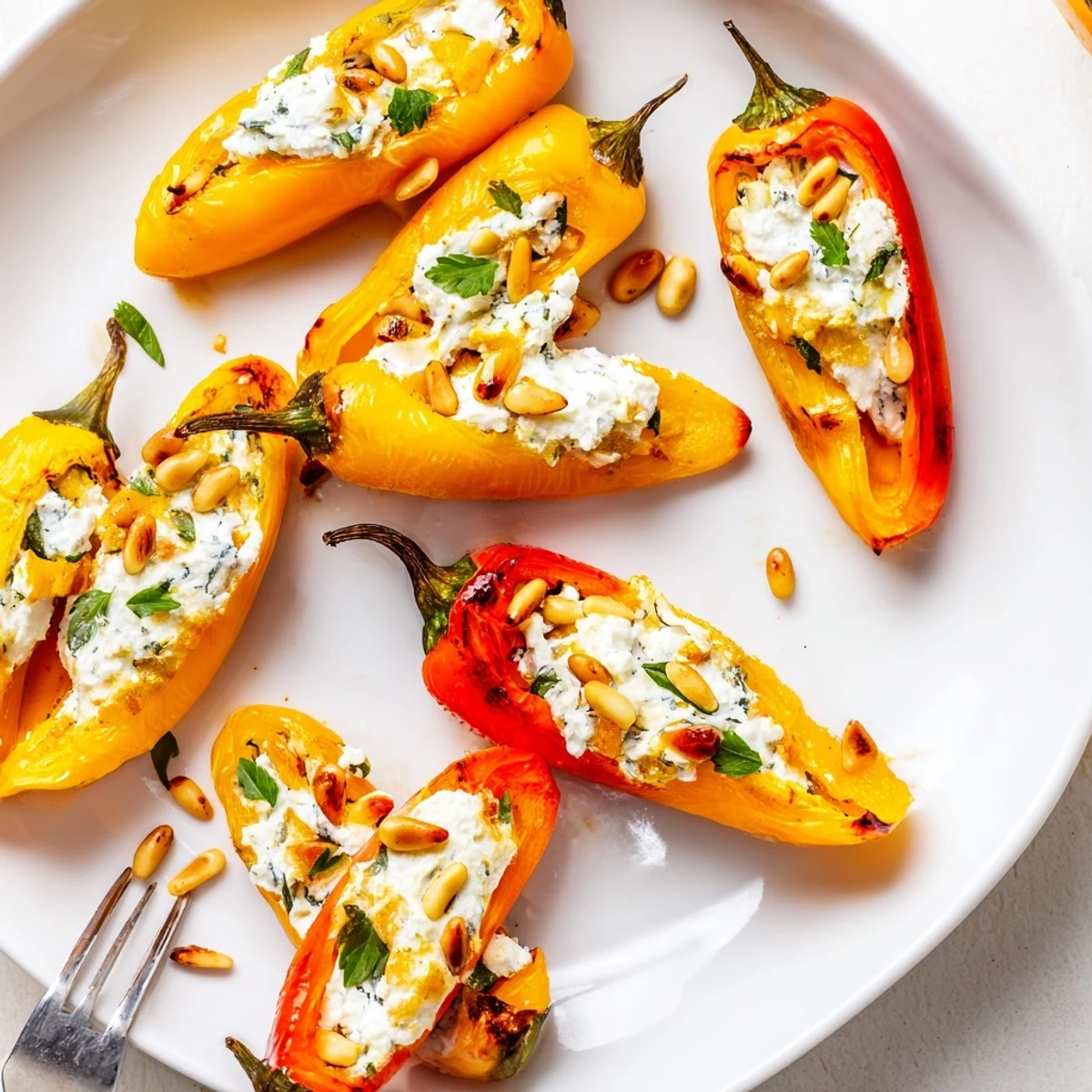Vibrant halved mini peppers overflowing with herbed goat cheese filling fresh from a warm oven