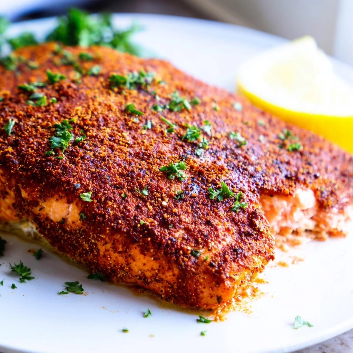 Perfectly baked Cajun salmon fillet with rusty red spice crust on white plate