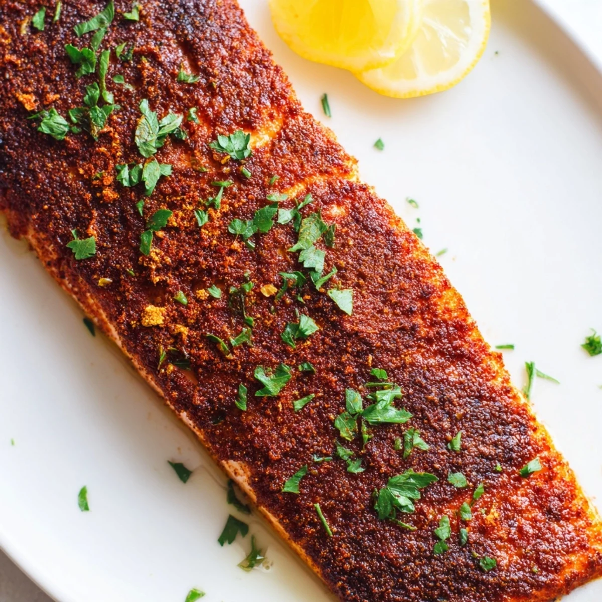 Golden oven baked Cajun salmon garnished with parsley and bright lemon wedges