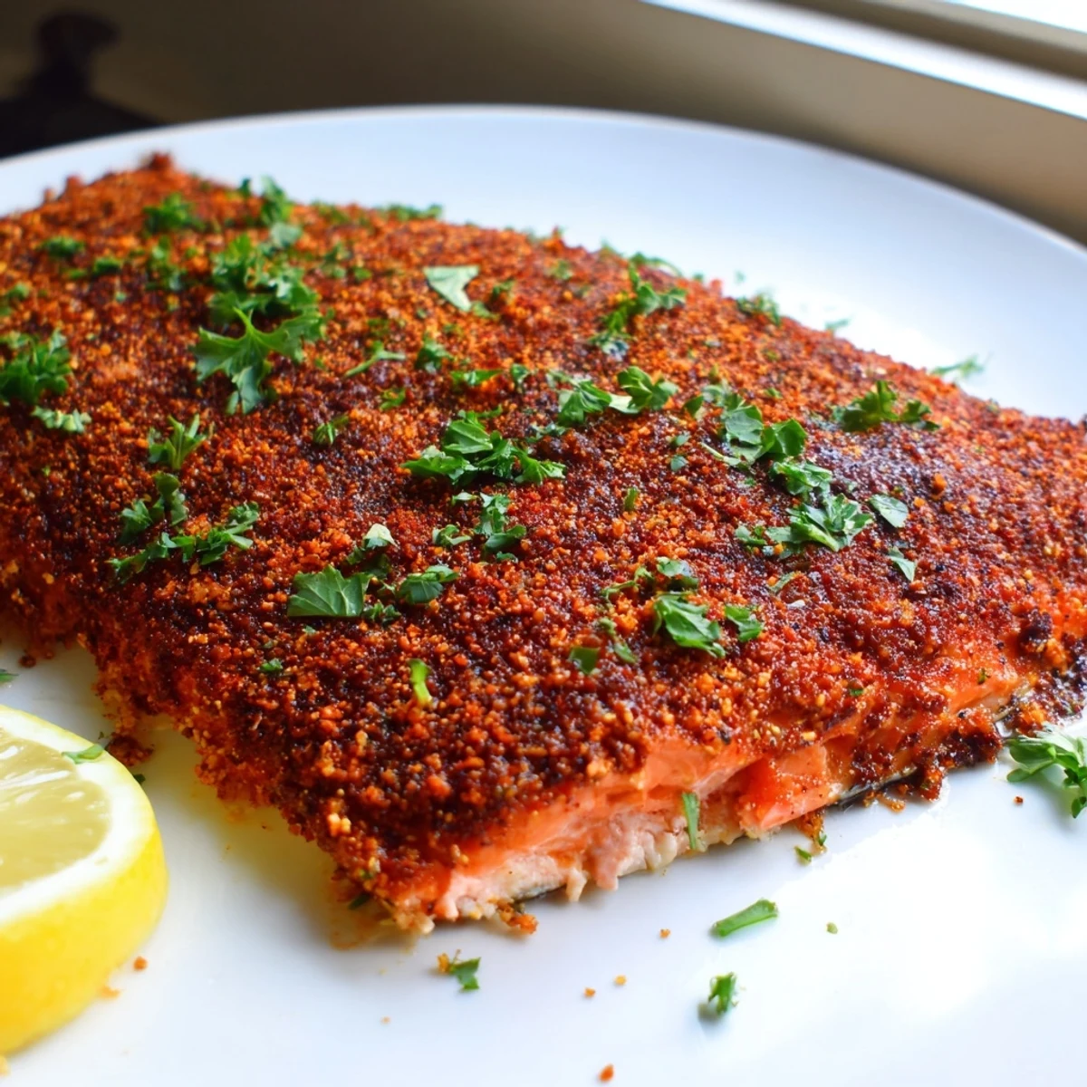 Juicy Cajun salmon fresh from oven flaking easily beside roasted green vegetables