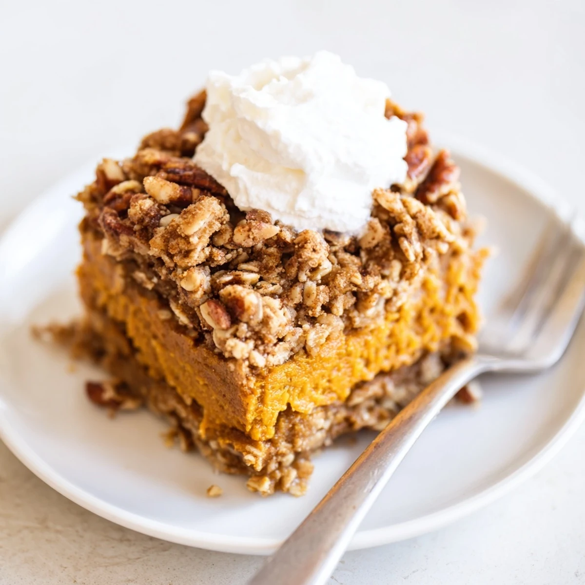 Creamy pumpkin pie crisp with golden oat topping fresh from the oven