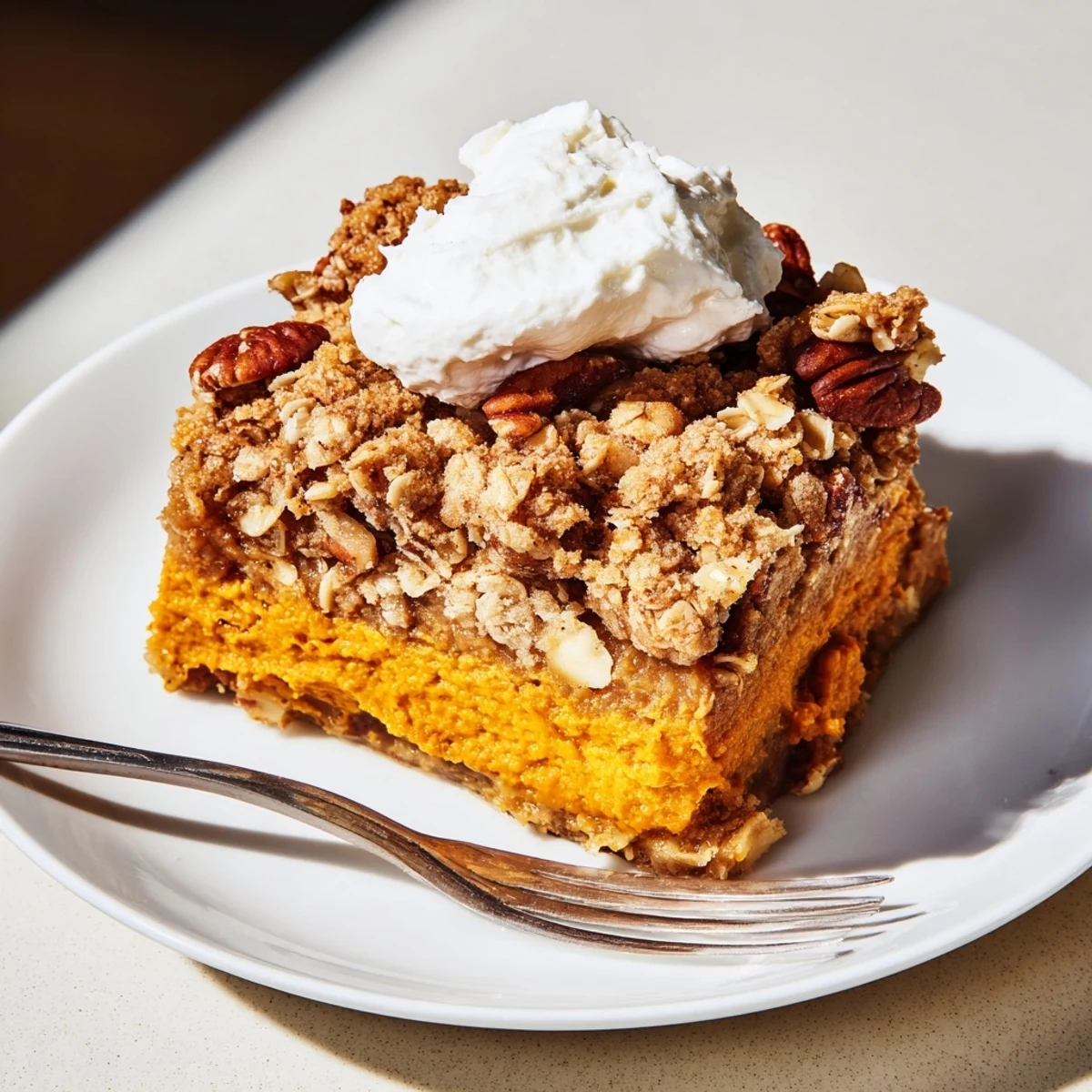 Warm pumpkin pie crisp scooped into a bowl with melty ice cream