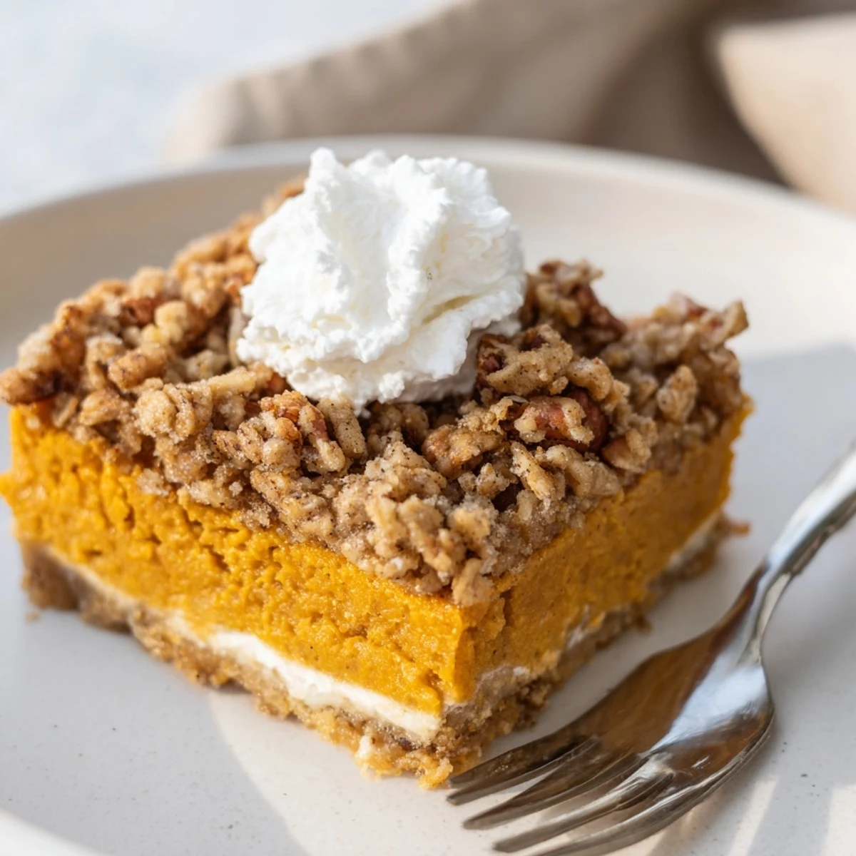 Spiced pumpkin pie crisp bubbling under a crunchy pecan streusel topping