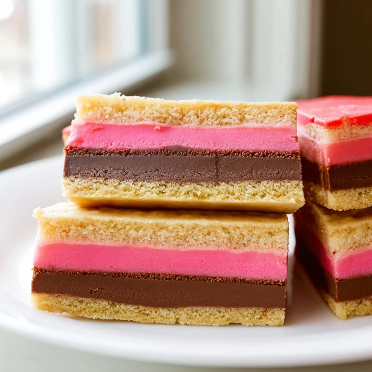 Colorful Neapolitan Cookies sliced to reveal layered chocolate, vanilla, and strawberry dough