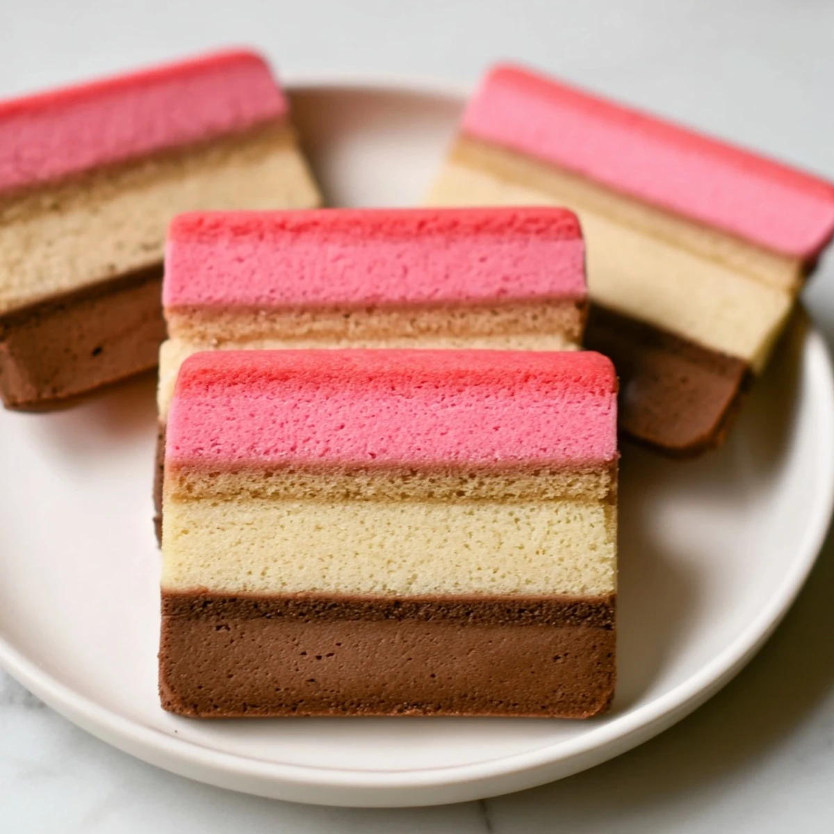 Golden-baked Neapolitan Cookies arranged on a parchment-lined sheet, tri-color layers shining