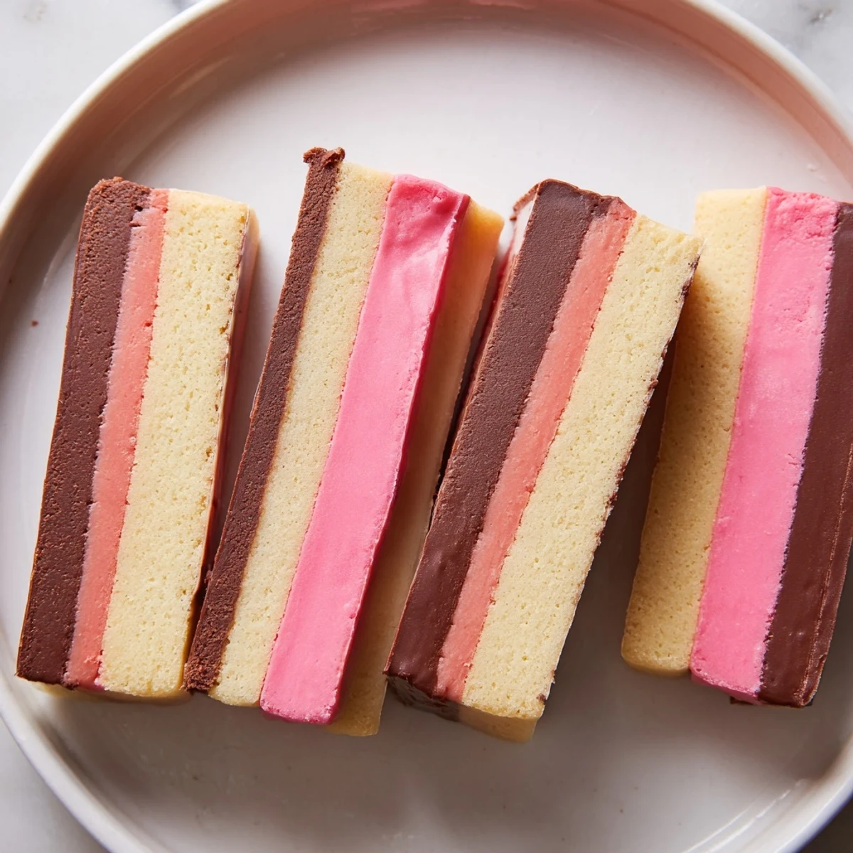 Tri-color Neapolitan Cookies stacked on a wire rack, buttery edges just set