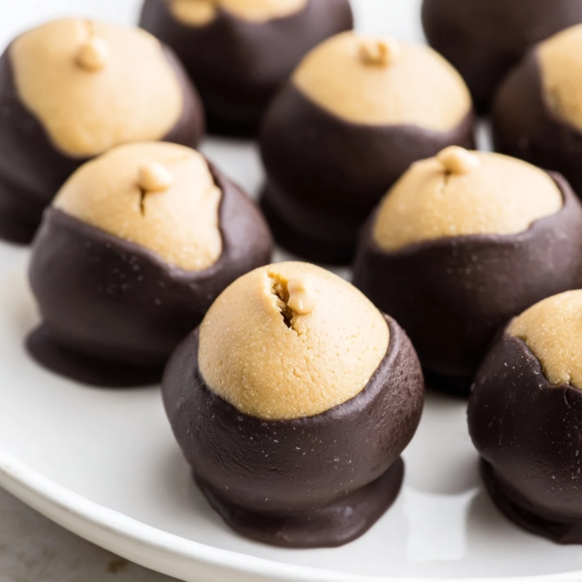 Golden buckeye cookies with glossy chocolate coating on a rustic wooden serving board